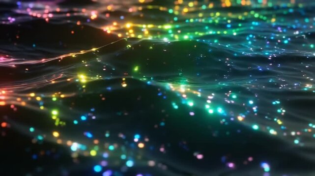 Cinematic 4K video of an abstract digital ocean made of glowing neon light waves, holographic chromatic reflections, prismatic rainbow highlights, floating data particles and light pixels forming