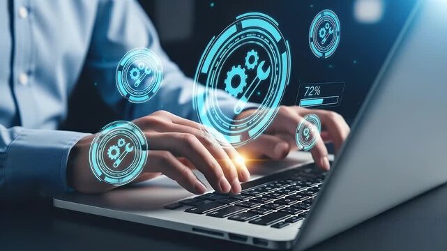 System maintenance solutions. Automated security patch application and updates. Businessperson using laptop computer for scheduled IT system maintenance.
