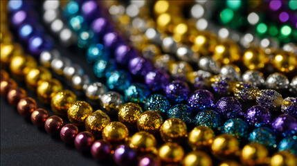 Mardi Gras Bead necklaces in a row on dark surface  