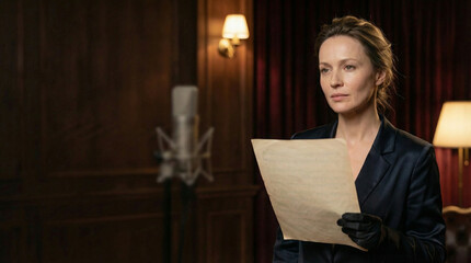 Female singer holding music sheet while preparing to perform  