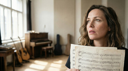 Young woman holding music sheet and looking thoughtfully indoors  