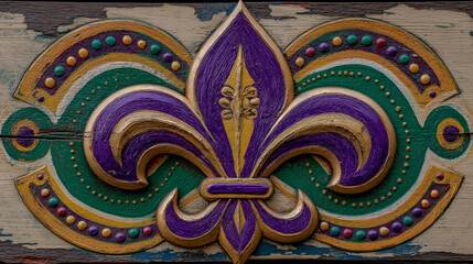 Colorful fleur-de-lis carving with ornate design on wood background  