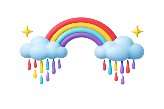 Cute 3d rainbow illustration with colorful rain and shining stars - Powered by Adobe