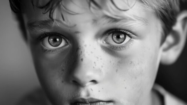 Young boy with solemn expression and freckles on face.
