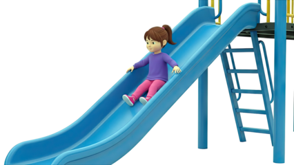 Cartoon Girl Sliding Down a Blue Playground Slide