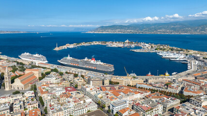 Aerial view of the city port of Messina, Sicily, Italy. Panorama of a crescent-shaped natural...