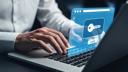 Passkey and passwordless login. Secure authentication and sing-in. Businessperson using laptop computer for identity verification. Encryption key icon and login screen.
 - Powered by Adobe