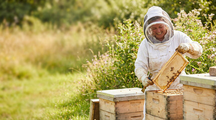 Female beekeeper inspecting bee hive and collecting honey outdoors  