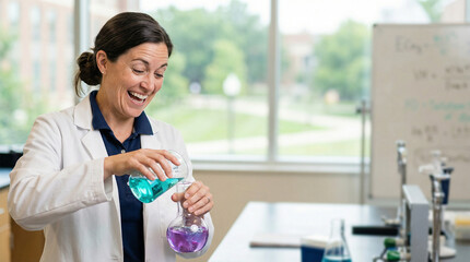 Young woman smiling while mixing colorful liquids in laboratory  