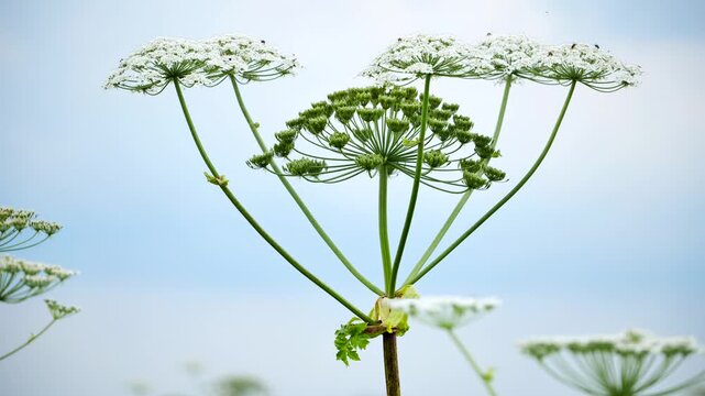 Heracleum flowers blooming in a field under clear summer sky