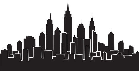 Fototapeta premium Black and white city skyline with tall buildings silhouette