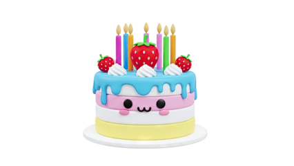 Cute Strawberry Birthday Cake with Candles and Whipped Cream