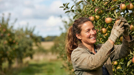 Young woman harvesting apples in orchard during sunny day  