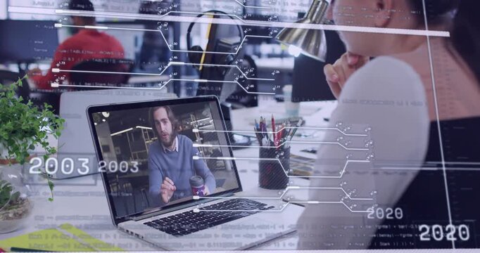 Woman viewing laptop as speaker talking, timeline sliding across biz screen reviewing 2013 receding