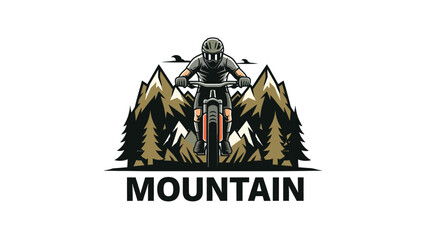 A stylized logo featuring a mountain biker descending a trail with a backdrop of mountains and pine trees, with the word 'MOUNTAIN' below.