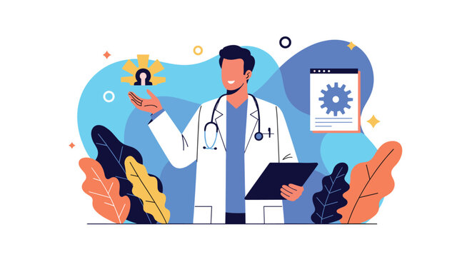 Male physician in a lab coat holds a clipboard and points to medical icons while presenting healthcare information to a patient.