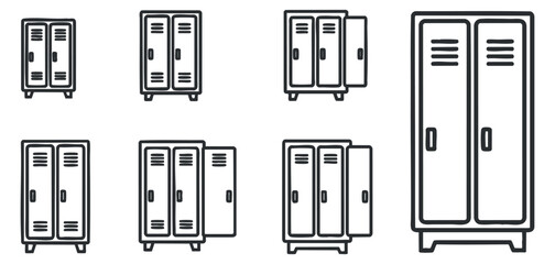 A collection of various locker designs in minimalist outline vector style, ideal for educational and organizational contexts