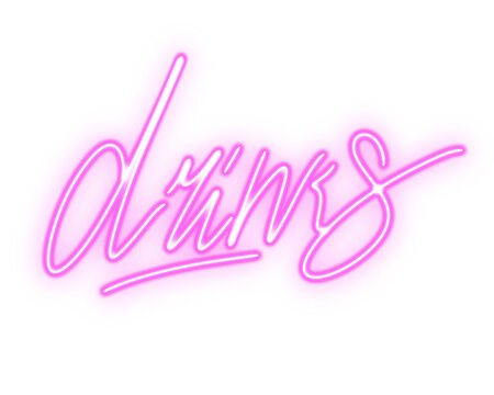 Neon lettering &ldquo;drinks&rdquo; in glowing vintage style