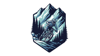 Dynamic illustration of a mountain biker descending a steep, rocky trail amidst a backdrop of snow-capped mountains and pine trees. © morph