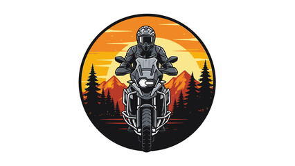 Adventure motorcycle rider on a scenic mountain road at sunset with pine trees. © morph