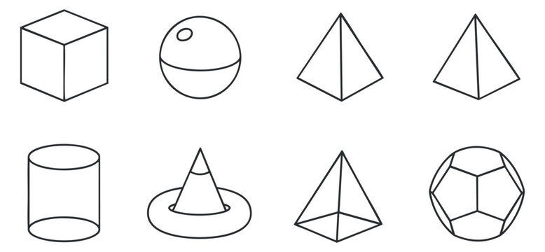 A collection of geometric shapes including cube, sphere, cone, and pyramid in minimalist outline vector style, suitable for educational materials and design projects