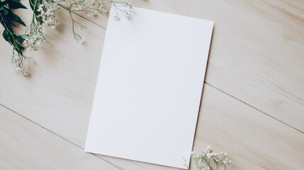 Blank white sheet of paper placed on wooden surface surrounded by delicate flowers, offering a clean and minimalistic design with ample copy space for creative projects