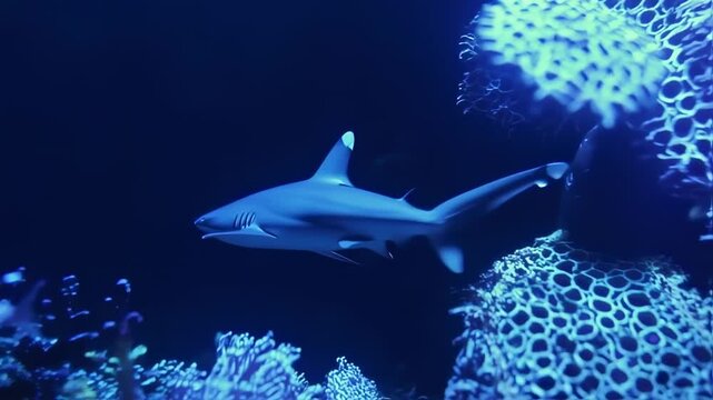 A sleek shark glides through a vibrant, dark blue marine environment, alongside coral formations