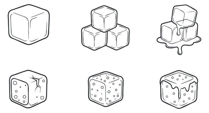 A collection of ice cubes in outline minimalist vector style, perfect for beverage design and summer-themed graphics