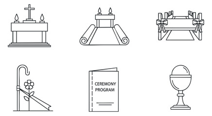 A collection of funeral and memorial icons including an altar, ceremony program, and decorative elements in minimal outline vector style, suitable for event planning and design