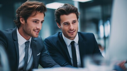 Two young men in formal suits are collaborating at a modern office desk, engaged in a discussion while analyzing data on a computer screen, showcasing teamwork and professionalism