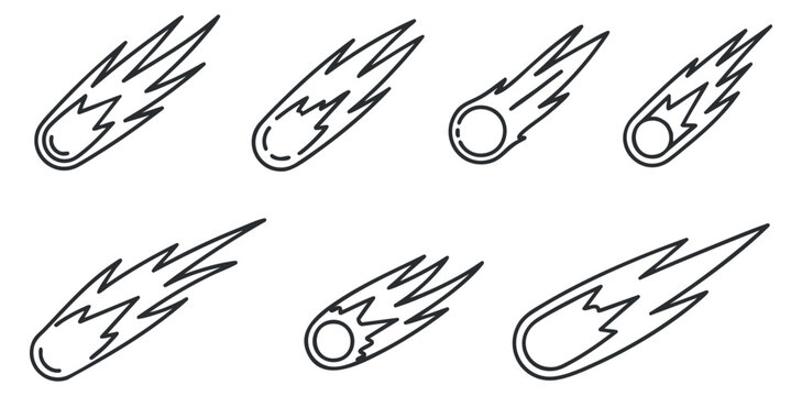 A collection of comet and meteor illustrations in outline vector style, suitable for space-themed designs and graphics