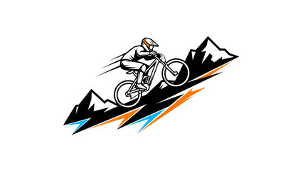Dynamic illustration of a mountain biker descending a steep, rocky slope with speed lines and stylized mountain peaks. © morph