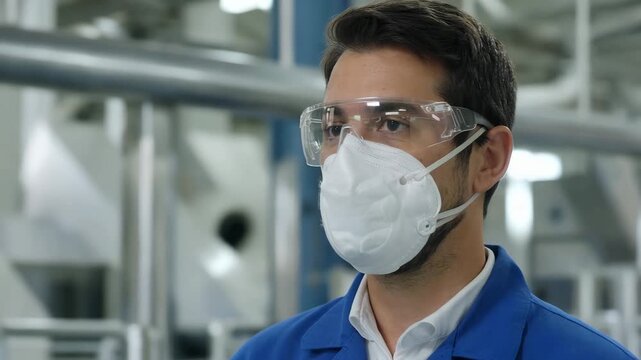Industrial worker wearing respirator mask and protective eyewear in modern factory workspace