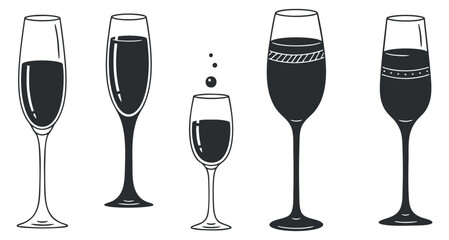 A collection of five different types of drink glasses in minimalist black outline vector style, perfect for bar menus and drink branding