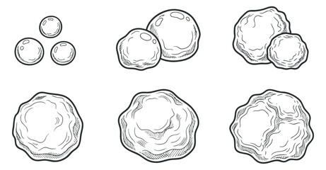 A collection of round shapes and balls in hand-drawn outline vector style, perfect for food-related graphics and designs