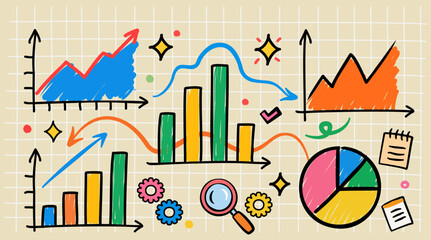 Colorful doodle-style charts and graphs showing business analytics, performance trends, and data insights, ideal for presentations, reports, education, and startup concepts.