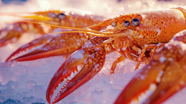 A vibrant red lobster sitting on top of ice with its legs and claws extended.