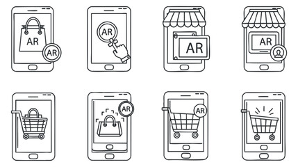 A collection of mobile app icons depicting augmented reality shopping experiences in modern outline vector style, suitable for tech and retail applications
