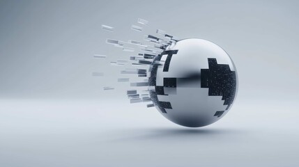 perfectly smooth, chrome sphere being eroded by a stream of pixelated, glitchy data, symbolizing the decay of digital information over time, minimalist, high contrast, symbolic. 