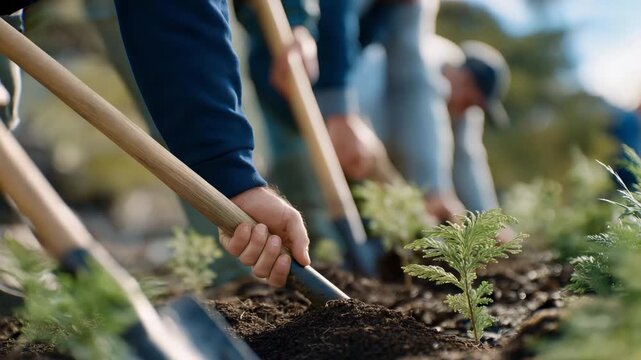 A small group of volunteers working together to plant trees in a community park, with shovels and young saplings in hand, embodying a spirit of teamwork and environmental stewardship. cinematic