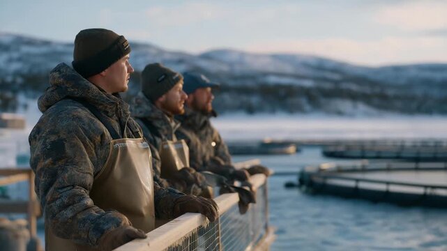 A winter aquaculture facility with workers checking oxygen levels under ice-covered tanks, showcasing cold-season fish farming operations rarely seen. cinematic color correction, natural uneven