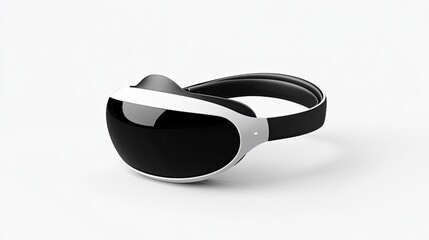 sleek, futuristic virtual reality headset, minimalist design, polished white and obsidian black, glowing subtle logo, professional product shot on a clean white background 