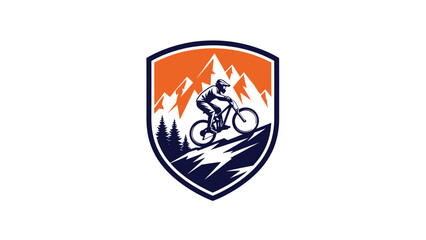 Mountain biker riding downhill on a trail with a scenic mountain background in a crest logo © morph