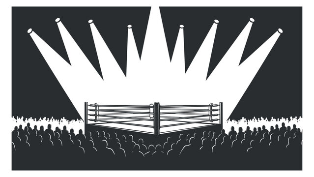 A boxing ring illuminated by spotlight beams with a cheering crowd in black and white minimalist vector style, ideal for sports events and promotions