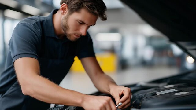 An automotive technician works under the hood, installing performance electronics by fitting a chip tuning box onto a car engine, enhancing power output, torque, and driving efficiency. cinematic