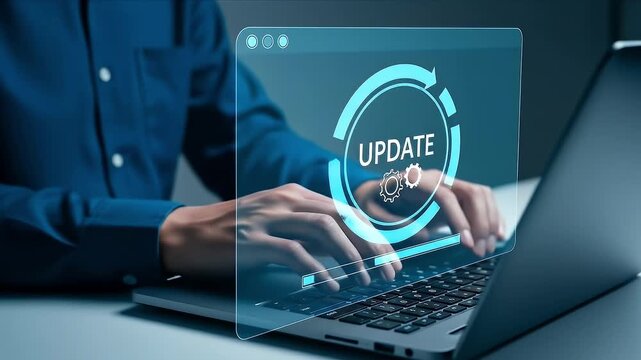 Update of system and software. Security patch and firmware version upgrade. Businessperson using laptop computer to apply bug fixes.
