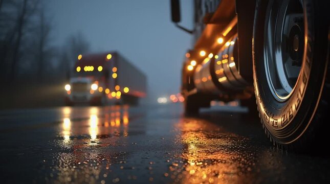 Truck tire gleams on wet road at dusk. Blurred lights reflect on dark asphalt, suggesting a journey. Another big rig approaches in the misty, dim light