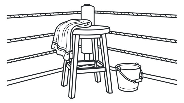 A boxing ring corner with a stool, towel, and bucket in outline minimalist vector style, ideal for sports-related projects