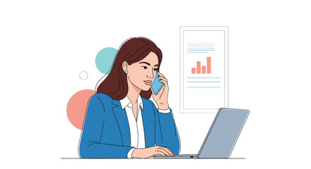 Focused businesswoman works on her laptop and handles an important phone call simultaneously in a productive office setting.