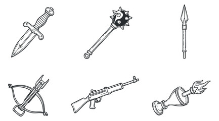 Naklejka premium A collection of various weapons including a dagger, mace, spear, crossbow, gun, and chalice in black and white outline vector style, suitable for fantasy and gaming projects